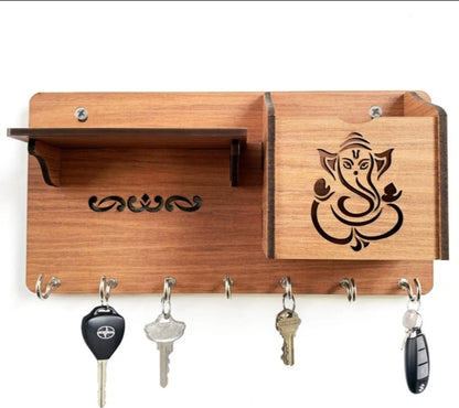 Elegant Wooden Ganesha Key Holder and Mobile Stand