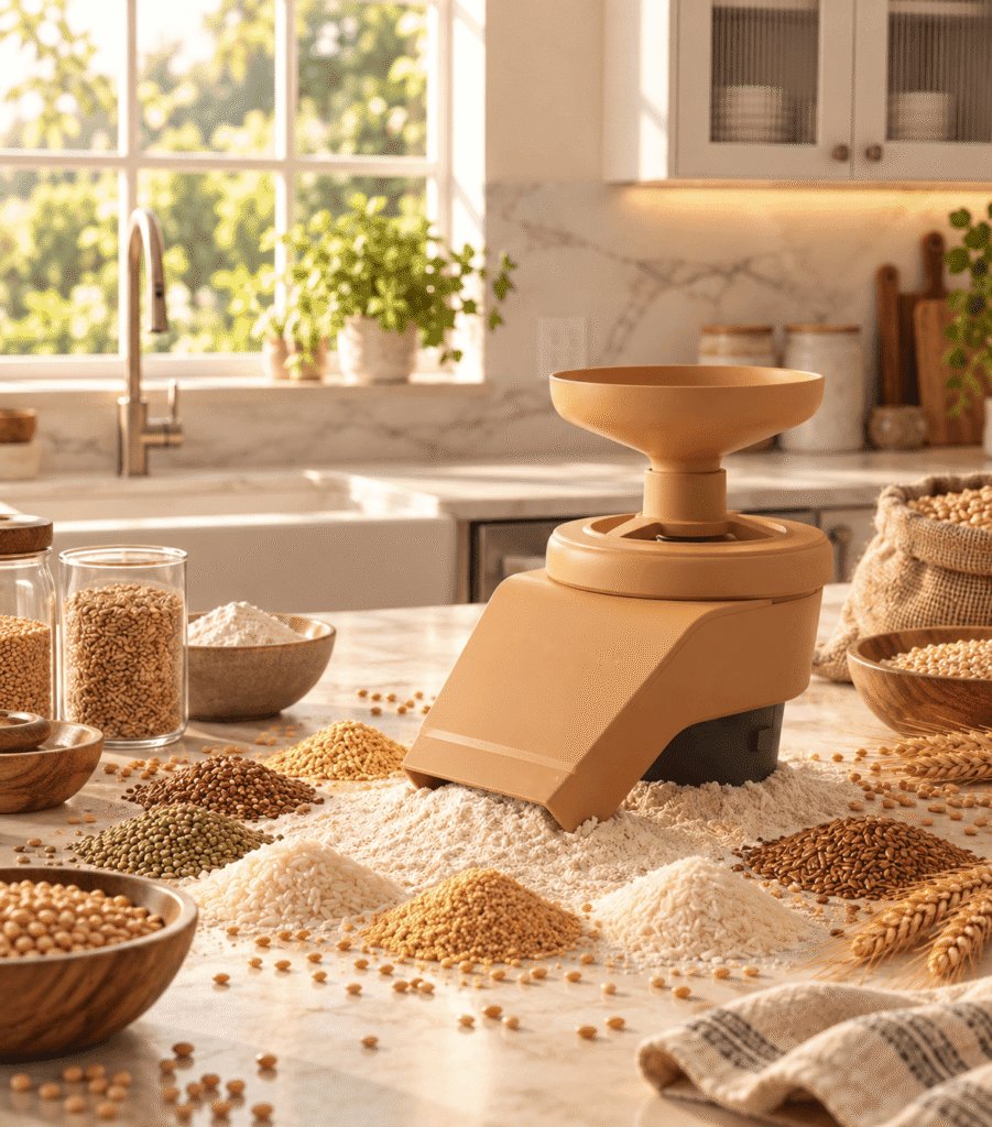 Mini Flour Mill on a kitchen counter with grains
