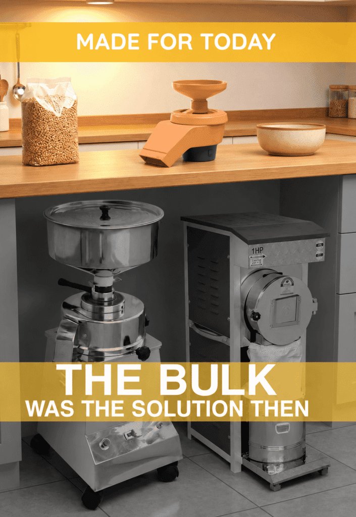 Bulky traditional flour mill compared with the compact mini mill